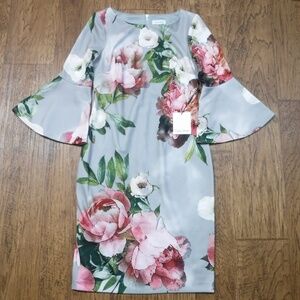Calvin Klein Floral on Gray Round Neck Dress